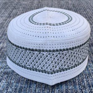 Muslim Hat Round Religious White Hat Embroidery Cap Topi Size 57cm New